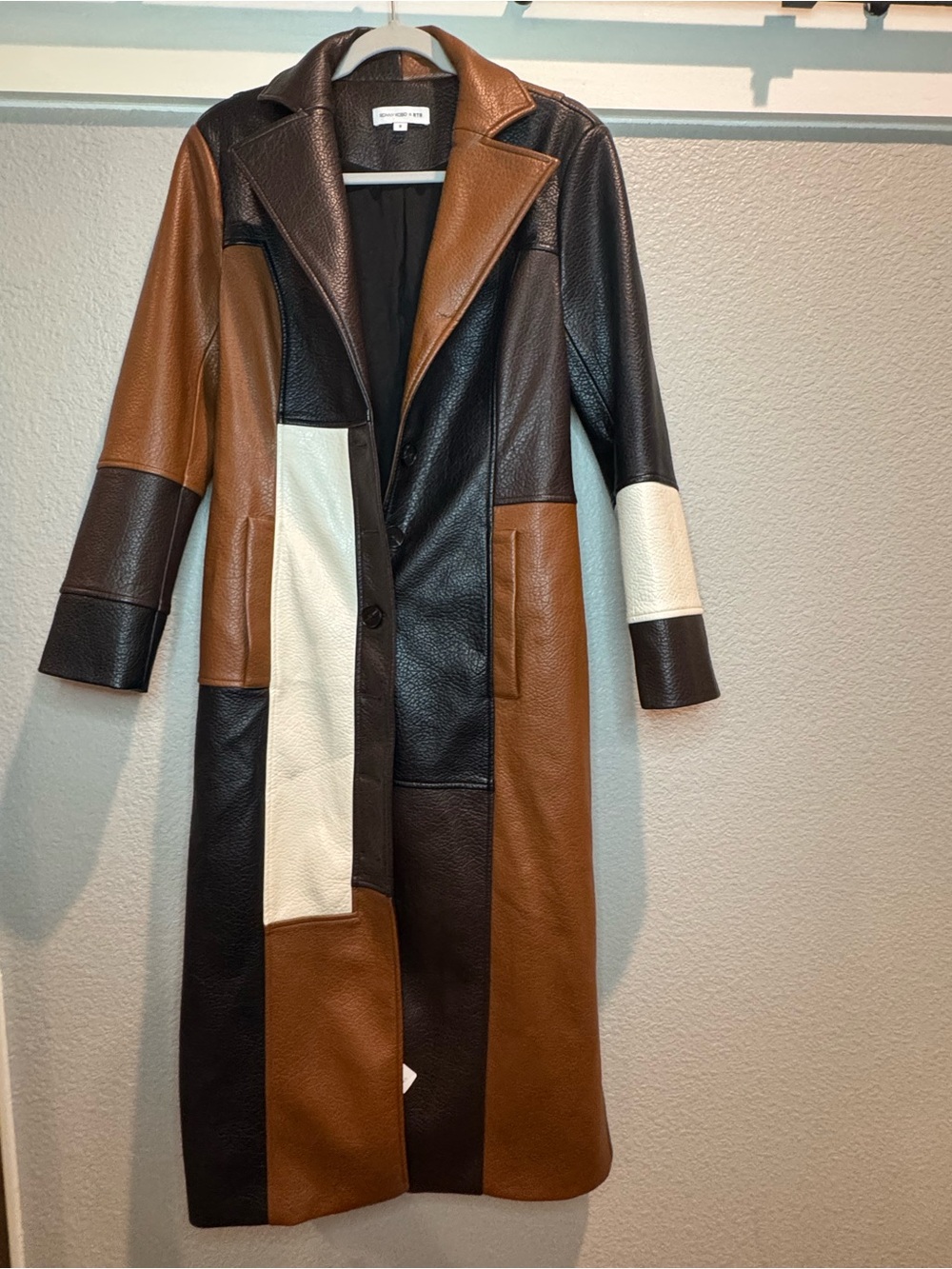 Ronny Kobo Collection Brown, Black & Cream Patchwork Leather Coat - Picture 3 of 6